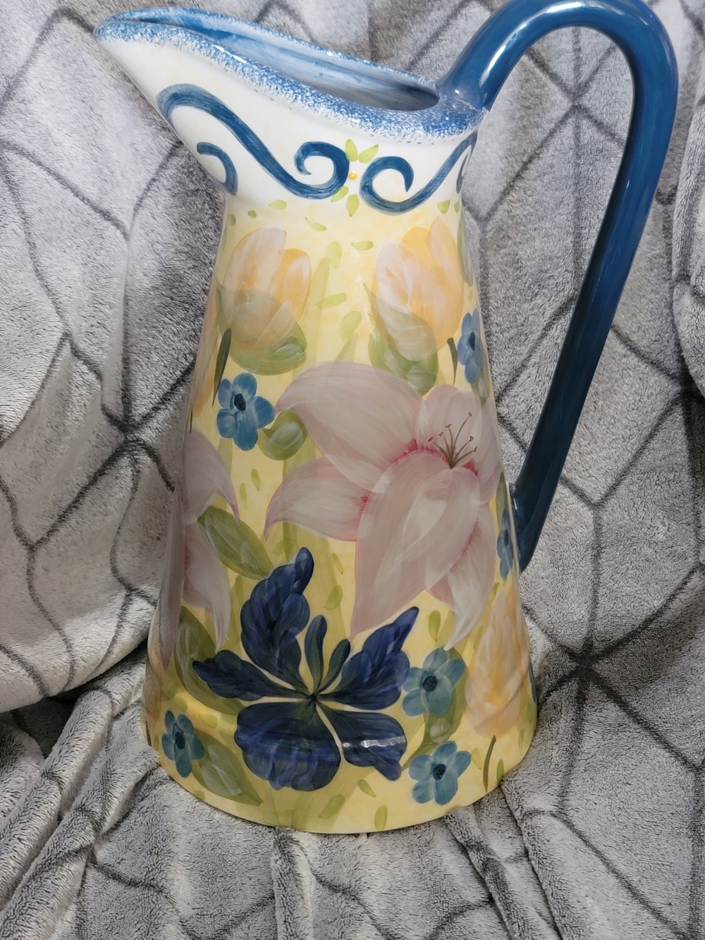 Certified International Hand-Painted Floral Pitcher in Blue, Yellow, Pink